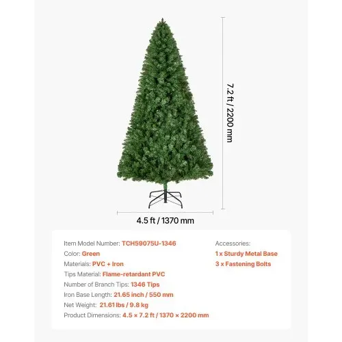 VEVOR Weihnachtsbaum künstlich, 2,2 m Tannenbaum, Christbaum, Naturgetreu, mit 1346 Zweigspitzen und stabilem Metallständer für die Dekoration von Zuhause, Partys und Büros – Bild 6