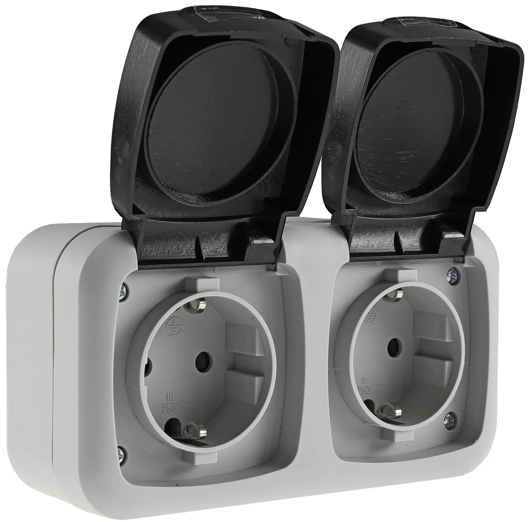 Feuchtraum Doppel-Steckdose, IP44 250V~/ 16A, inkl. AP-Rahmen, grau Feuchtraum Doppel-Steckdose, IP44 250V~/ 16A, inkl. AP-Rahmen, grau
