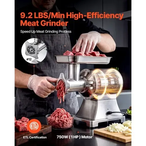 VEVOR Fleischwolf, 4,2 kg/min Kapazität, #12 Elektrischer Fleischwolf mit 2 Lochscheiben, 3 Wurstfüllrohren & Kibbeh-Set, 750 W, 2-in-1 Küchenmaschine für Privatküchen & Restaurants VEVOR Fleischwolf, 4,2 kg/min Kapazität, #12 Elektrischer Fleischwolf mit 2 Lochscheiben, 3 Wurstfüllrohren & Kibbeh-Set, 750 W, 2-in-1 Küchenmaschine für Privatküchen & Restaurants