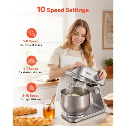 VEVOR Knetmaschine Küchenmaschine zum Backen, 1800 W Teigmaschine mit Edelstahlschüsseln (7,4 L) & Knethaken & Rührbesen & Schneebesen, 10-Gang einstellbare kippbare Rührmaschine Standmixer – Bild 3