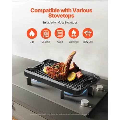 VEVOR wendbarer Grillplatte Bratpfanne Griddle aus Gusseisen (185 x 342 mm), tragbare rechteckige BBQ Pfanne mit Griff, Familienkochgeschirr für Herdplatten drinnen/draußen Grill, schwarz – Bild 2