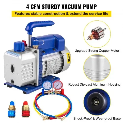 VEVOR 4 CFM Vakuumpumpe 220 V 50 Hz Klimaanlage Unterdruckpumpe Vakuumgeräte Pumpe 1720 U Refrigerant Vacuum Pump, Vakuumgeräte Verteiler-Manometer-Set für Klimaanlage Kfz-Kühlsystemen – Bild 2