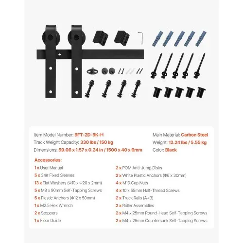 VEVOR Schiebetürsystem 1,5 m Laufschiene, Schiebetürbeschlag Tragkraft 150 kg, Kompatibel mit 762 mm max. Breite und 34,92 bis 44,45 mm Dicke, langlebige Schiene & J-förmige Rolle, Schwarz – Bild 6