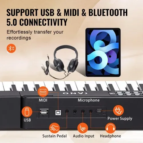 VEVOR Digitales Klavier mit 88 Tasten, halbgewichtete Tasten, tragbares elektrisches Keyboard-Piano-Set in voller Größe mit 1000 Tönen, integrierten Lautsprechern, Sustain-Pedal, Kopfhörern, Bluetooth, MIDI, USB für Anfänger – Bild 3