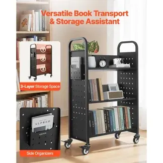 VEVOR Bücherwagen, 150 kg Tragkraft, Bibliothekswagen, 77 x 38 x 122 cm, einseitiges V-förmiges Bücherregal mit Doppelbremsrollen, Bücherregalwagen für Wohnzimmer, Büro, Schule, Schwarz VEVOR Bücherwagen, 150 kg Tragkraft, Bibliothekswagen, 77 x 38 x 122 cm, einseitiges V-förmiges Bücherregal mit Doppelbremsrollen, Bücherregalwagen für Wohnzimmer, Büro, Schule, Schwarz
