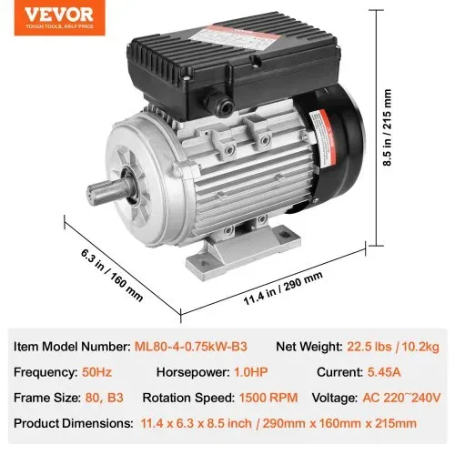 VEVOR 0,75 kW Elektromotor 1400 U/min, AC 220~240 V 5,45 A, 80, B3-Rahmen, Luftkompressormotor einphasig, 19 mm Keilwelle, Rechts-/Linkslauf für landwirtschaftliche Maschinen und allgemeine Geräte – Bild 6