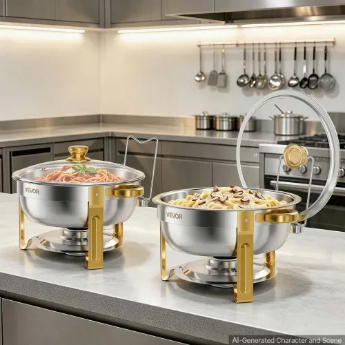 VEVOR Chafing Dish Set 4-tlg. 5,68 L Warmhaltebehälter Edelstahl für Buffets, Hochzeiten, Partys & Familienfeiern, Sichtdeckel, Wasserbehälter, Brennstoffbehälter, Stapelbar für Warme & Kalte Speisen – Bild 7