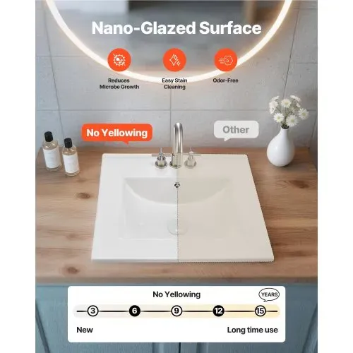 VEVOR Halbeinbauwaschbecken Handwaschbecken 510 x 465 mm rechteckiges Aufsatzwaschbecken mit Überlauf & 3 Wasserhahnlöchern, modernes Einbauwaschbecken für kleine Räume Küchen Badezimmer Weiß – Bild 2