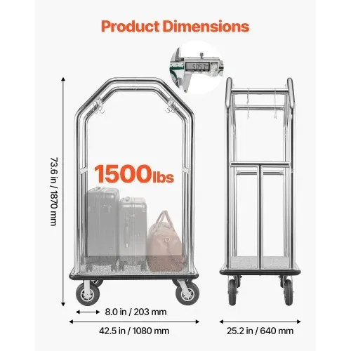 VEVOR Hotelgepäckwagen aus Edelstahl, 680,39kg Belastbarer Kofferwagen mit 8 Zoll Gummirädern, Hotelwagen mit Grauem Teppichboden & Garderobenstange, Gepäckwagen Gewerblich für Hotels Resorts, Silber – Bild 2