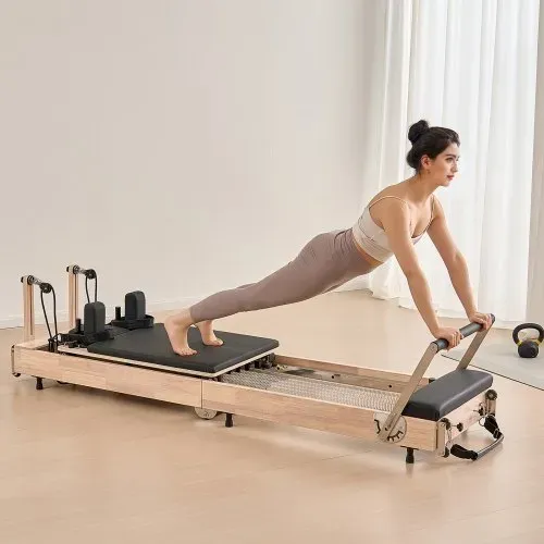 VEVOR faltbarer Pilates Reformer Trainingsgerät aus Gummibaumholz für Heim-Fitnessstudio, Pilates-Bett mit doppeltem Widerstand – Feder & Kordel, Ausrüstung mit Sitzbox, bis zu 181,44 kg – Bild 7