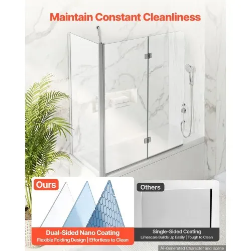 VEVOR Duschwand für Badewanne 70/120x140 cm Teilrahmenlos 6 mm Silber, Badewannenfaltwand Zweiflügelig Klares Sicherheitsglas Nano-Beschichtung 180° Faltbar 1 Festes & 2 Faltbare Paneele Silber – Bild 4