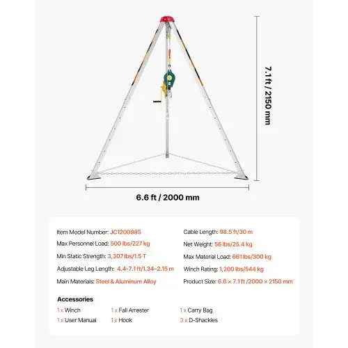 VEVOR Dreibein-Set für beengten Räume, Rettungsdreibein mit Hebevorrichtung, 544 kg Seilwinde, Rettungsstativ, 30 m Kabel, Rettungssystem mit Absturzsicherung, Arbeitshöhe 1,34–2,15 m – Bild 6