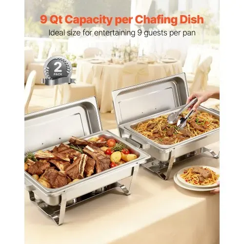 VEVOR rechteckiger Chafing Dish Set 8,5 L Speisenwärmer (2 Stk.) Buffet Warmhaltebehälter mit Griff & 1 Lebensmittelzange & Deckel & Brennstoffhalter, geeignet für Bankett Party Hochzeit Silber – Bild 2