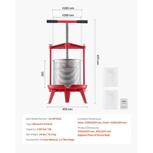 VEVOR Obstweinpresse Obstmühle Apfelmühle (14 L), Edelstahlkorb mit dreieckiger Struktur, manueller Entsafter, manuelles Mahlwerk, Apfelweinpresse Traubenpresse mit T-Griff für Küche Zuhause – Bild 6