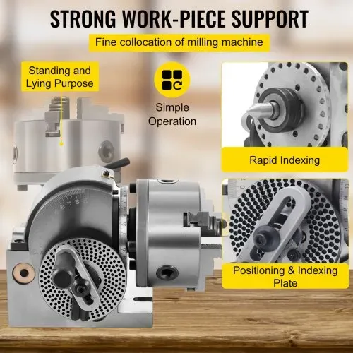 VEVOR Teilapparat mit backenfutter MT2, Rotary Tisch mit Indizierung Höhe der Mitte 100 mm, Dividing Head 23 kg, Rotary Tisch mit Tellern, Eine Starke Unterstützung zu Bearbeitenden Werkstück – Bild 5