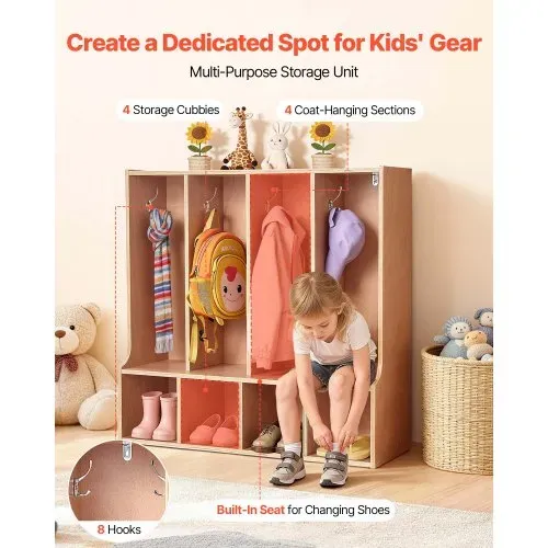 VEVOR Offener Kinderkleiderschrank aus Sperrholz, Kindergarderobe mit 8 Haken & 8 Fächern (4 Groß + 4 Klein), Garderobenregal & Aufbewahrungsregal für Kinderzimmer Zuhause Kindergarten Kita VEVOR Offener Kinderkleiderschrank aus Sperrholz, Kindergarderobe mit 8 Haken & 8 Fächern (4 Groß + 4 Klein), Garderobenregal & Aufbewahrungsregal für Kinderzimmer Zuhause Kindergarten Kita