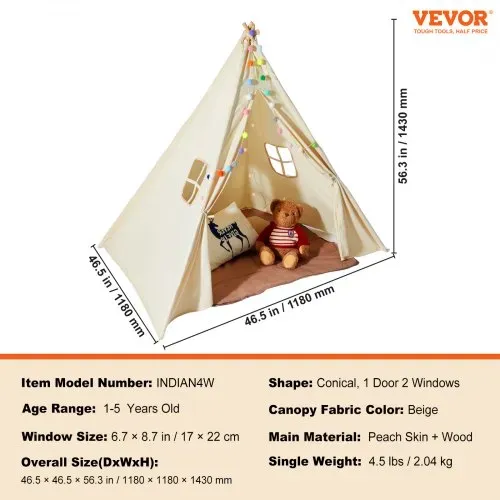 VEVOR Spielzelt Kinder, Tipi-Zelt für Kinder 1–5 Jahre, Kleinkinderzelt mit Matte und dekorativen Plüschbällen, Zelt für Kinder mit Fenstern für drinnen & draußen Beige – Bild 6