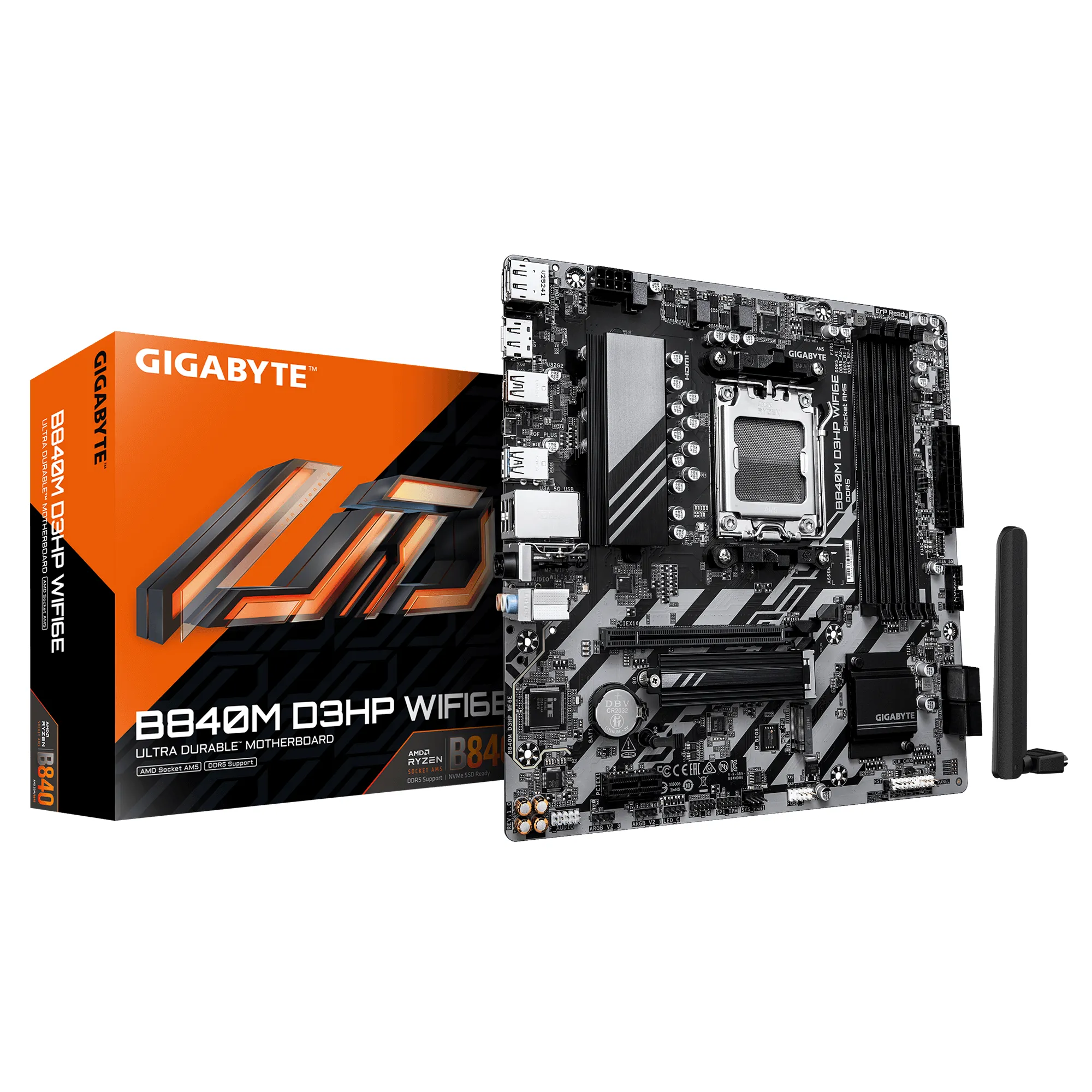 GIGABYTE B840M D3HP WIFI6E Mainboard – AMD Ryzen 9000 CPUs, 8+2+2-Phasen-VRM, bis zu 8200 MHz DDR5 (O.C.), 2× PCIe-4.0-M.2, Wi-Fi 6E, 1-GbE-LAN, USB 3.2 Gen 2 GIGABYTE B840M D3HP WIFI6E Mainboard – AMD Ryzen 9000 CPUs, 8+2+2-Phasen-VRM, bis zu 8200 MHz DDR5 (O.C.), 2× PCIe-4.0-M.2, Wi-Fi 6E, 1-GbE-LAN, USB 3.2 Gen 2