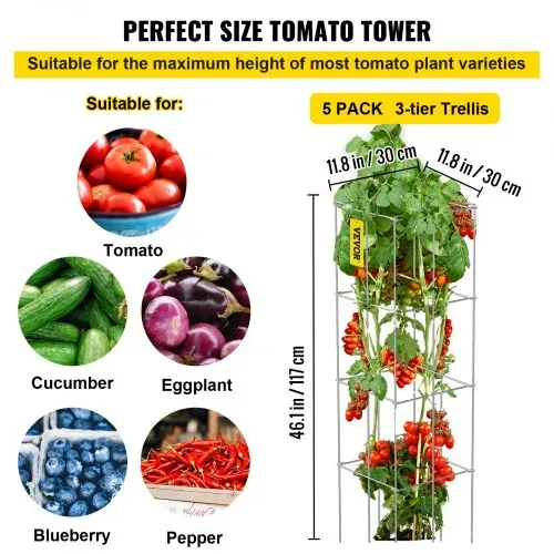 VEVOR Tomatenkäfige, 30 x 30 x 117 cm, 5er-Set quadratische Pflanzenstützkäfige, robuste, silberne Tomatentürme aus PVC-beschichtetem Stahl zum Klettern von Gemüse, Pflanzen, Blumen und Früchten – Bild 2
