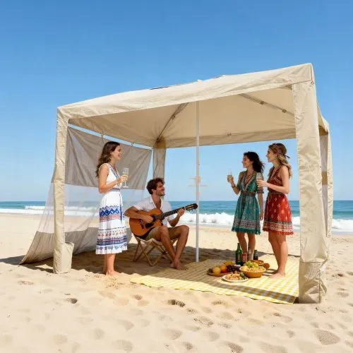 VEVOR Strand-Cabana, 2,4 x 2,4 m Strandüberdachung mit Seitenwand, UPF 50+ Sonnenschutz, Strandpavillon mit Sandsäcken, höhenverstellbarer & tragbarer Sonnenschutz für Familie und Freunde, Khaki – Bild 7
