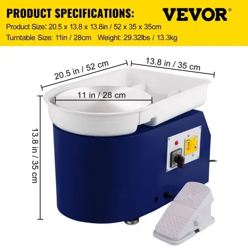 VEVOR Töpferscheibe 350 W, Keramik Rad Maschine 220 V, Elektrische Töpferscheibe 28 cm Plattenteller, Fußpedaleinstellung, 60 dB, Drehscheibe Töpferei Kunstwerk DIY Basteln 300 U/min, Blau, 13,3 kg – Bild 6
