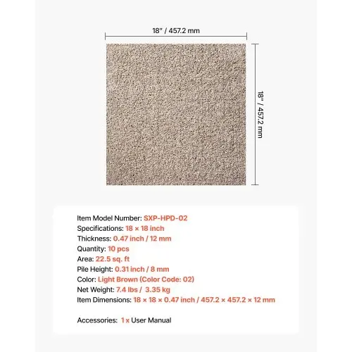VEVOR Teppichfliesen 457,2 x 457,2 x 12 mm, 10er-Pack, selbstklebender Teppichboden mit Fläche von 2 m², Teppich Bodenbelag, einfacher DIY-Austausch für Wohnzimmer und Büro, Hellbraun – Bild 6