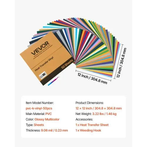 VEVOR Vinylfolie Wärmeübertragung Transferfolie (304,8 x 304,8 mm) 50 Blätter, verschiedene Farben, Plotterfolie kompatibel mit Schneidemaschinen, Aufbügelfolie für T-Shirts Kissen Hüte – Bild 6