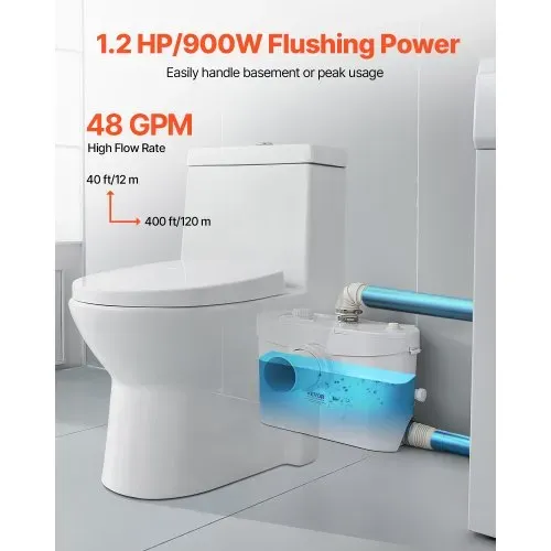VEVOR Hebeanlage, 900 W, 180 L/min Durchfluss, 12 m Förderhöhe, Abwasserhebeanlage mit 4 Wassereinlässen, Schmutzwasserpumpe für Toilette, Keller, Dusche, Waschbecken, Waschküche, Badewanne – Bild 2