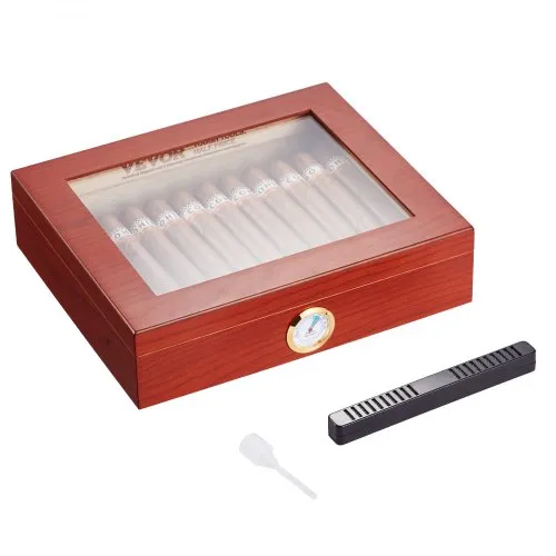 VEVOR Zigarren-Humidor, Humidor-Box mit Glasdeckel, Handgefertigte Zigarren-Schreibtischbox aus Spanischem Zedernholz, Zigarren-Aufbewahrungsbox mit Luftbefeuchter & Trennwand, 10–25 Zigarren VEVOR Zigarren-Humidor, Humidor-Box mit Glasdeckel, Handgefertigte Zigarren-Schreibtischbox aus Spanischem Zedernholz, Zigarren-Aufbewahrungsbox mit Luftbefeuchter & Trennwand, 10–25 Zigarren