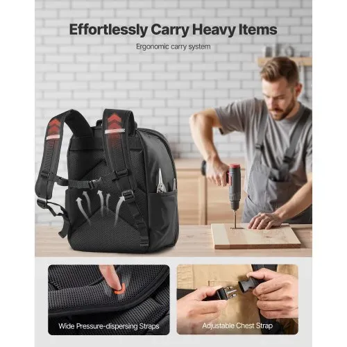 VEVOR Werkzeugrucksack, 49 Taschen, Werkzeug-Aufbewahrungs-Organizer, Backpack mit Laptopfach und verstärktem Stoffboden, Baustellenrucksack, Werkzeugtasche für Elektriker, Handwerker – Bild 3