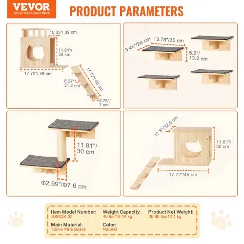 VEVOR Katzenregale zur Wandmontage, Katzenwandregale und Sitzstangen mit Sprungbrettern, Katzenbetten, Hängematten und Katzenbaum, Katzenmöbel und Regale bis zu 18 kg zum Schlafen, Spielen, Klettern, 9er-Set – Bild 6