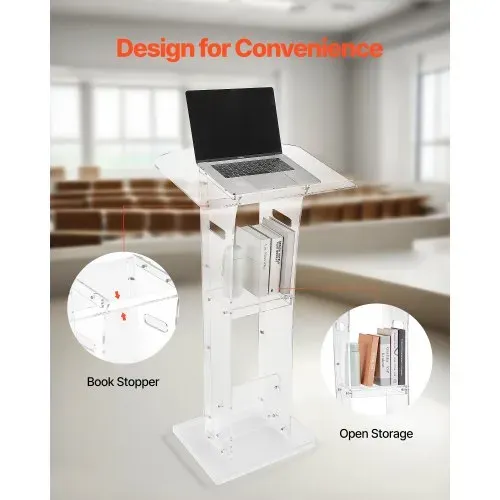 VEVOR Podiumständer Rednerpult (109 cm) aus Acryl, tragbarer Laptop-Schreibtisch mit breiter Lesefläche & Ablagefläche & Buchstopper, bodenstehend, für Klassenzimmer Hochzeiten Konferenzen – Bild 2
