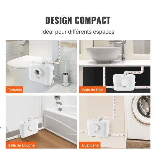 VEVOR Hebeanlage, 700 W, 9600 l/h Durchfluss, 10 m Förderhöhe, Zerkleinerer-Abwasserpumpe mit 3 Wassereinlässen für Toilette, Keller, Küche, Waschbecken, Badewanne, Abwasserentsorgung, Aufspülmaschine – Bild 5
