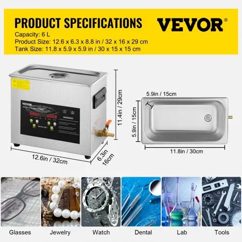 VEVOR 6L Verbesserter Ultraschallreiniger (200 W Heizung, 180 W Ultraschall) Professioneller digitaler Labor-Ultraschall-Teilereiniger mit Heizungstimer für die Reinigung von Schmuck, Brillen – Bild 6