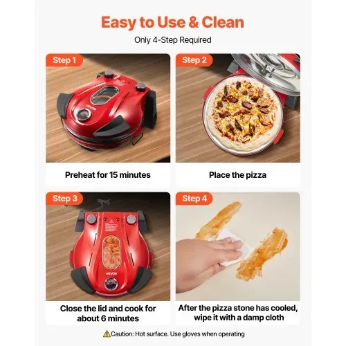 VEVOR Pizzaofen elektrischer Pizzamaker 1200 W Pizzakocher mit Cordieritstein, 5-stufige Temperaturregelung, Sichtfenster für präzises Kochen, erhitzt bis zu 420 °C, Backofen für Zuhause (rot) – Bild 5