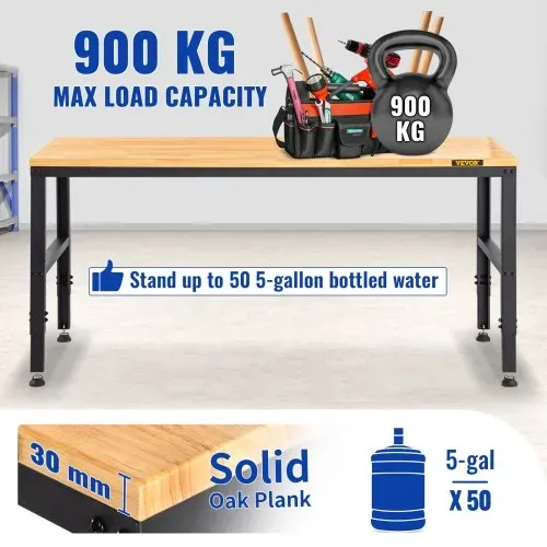 VEVOR Höhenverstellbare Werkbank 183x64x72-97cm Spanntisch, 900 kg Gewichtskapazität Arbeitstisch, Braun Klappbare Werkzeugbank aus Kaltgewalzter Stahl, Multifunktionswerktisch für Lager & Büro – Bild 4