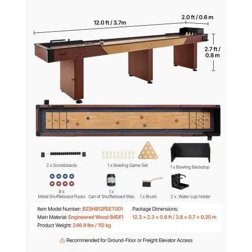 VEVOR Shuffleboard-Tisch 3,7 m 2-in-1 mit Bowling-Set und 8 Pucks Indoor, Shuffleboard mit Rustikaler Holzoptik, Kratzfester Spielfläche, Wachs und Bürste, für das Familienspielzimmer zu Hause – Bild 6
