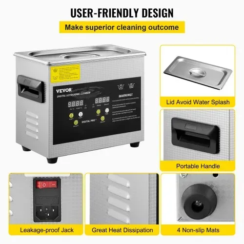 VEVOR 3 L Verbesserter Ultraschallreiniger (200 W Heizung, 120 W Ultraschall) Professioneller digitaler Labor-Ultraschall-Teilereiniger mit Heizungstimer für die Reinigung von Schmuckgläsern – Bild 5