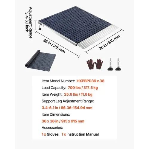 VEVOR Schwellenrampe 915x915mm, 317,5kg Belastbare Rollstuhlrampe mit Verstellbarer Höhe, Rutschfeste Auffahrschiene aus Alu, Stabile Auffahrrampe für Rollstuhl Scooter Türschwelle Bordsteine Treppen – Bild 6