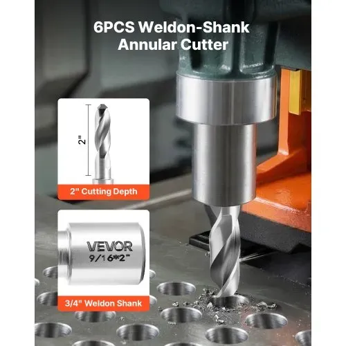 VEVOR HSS-Kernbohrer Weldon-Schaft 6-tlg. Magnetbohrer 6,35–14,28 mm Schnittdurchmesser, 6 Bohrer im Kunststoffkoffer, 50,8 mm Schnitttiefe, Ideal für Magnetbohrmaschinen, Stahl, Aluminium, Kupfer – Bild 2
