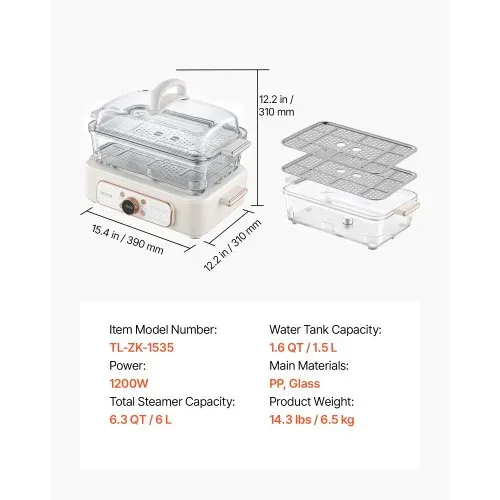 VEVOR Elektrischer Dampfgarer 6 L mit 2 Garebenen Glas 1200 W Weiß, Gemüse- und Speisegarer für 1–3 Personen mit Voreingestellten Programmen und Startzeitvorwahl, für Gemüse, Meeresfrüchte und Reis – Bild 6