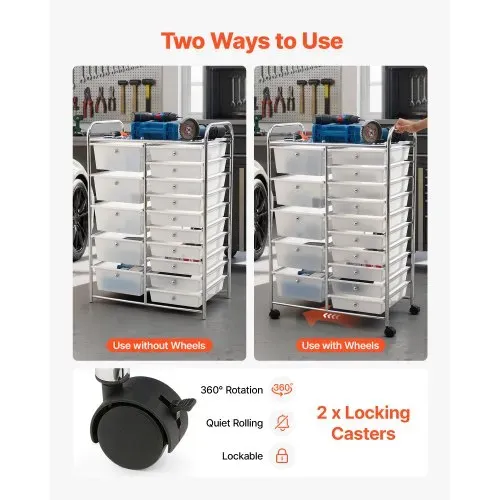 VEVOR Rollwagen mit 15 Schubladen Rollcontainer Doppelreihe 635x390x965mm, Metallgestell, Ablagefläche, Handgriffe, Lenkrolle mit 2 Bremsen, Mobiler Aufbewahrungswagen für Büro Werkstatt Bastelzimmer – Bild 2
