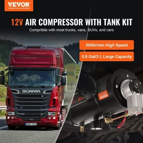 VEVOR 12-V-Luftkompressor-Set mit Tank 3 L, Zughorn-Luftkompressor-Satz, 90-120 psi Arbeitsdruck, Integriertes Luftkompressorsystem für Zug-Lufthupen, Aufpumpen von Reifen, LKWs, SUVs usw. Schwarz VEVOR 12-V-Luftkompressor-Set mit Tank 3 L, Zughorn-Luftkompressor-Satz, 90-120 psi Arbeitsdruck, Integriertes Luftkompressorsystem für Zug-Lufthupen, Aufpumpen von Reifen, LKWs, SUVs usw. Schwarz