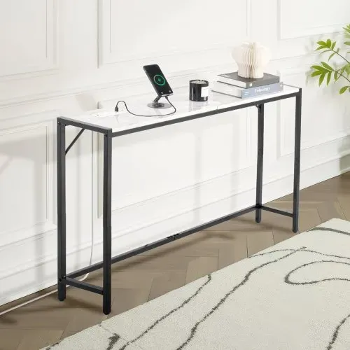 VEVOR Konsolentisch aus Marmor, moderner langer Flurtisch (110 cm) mit Steckdose, dünner Sofa-Beistelltisch mit Eisenrohren, Kippschutz & dreieckiger Stütze für Wohnzimmer Flur Eingangsbereich – Bild 7