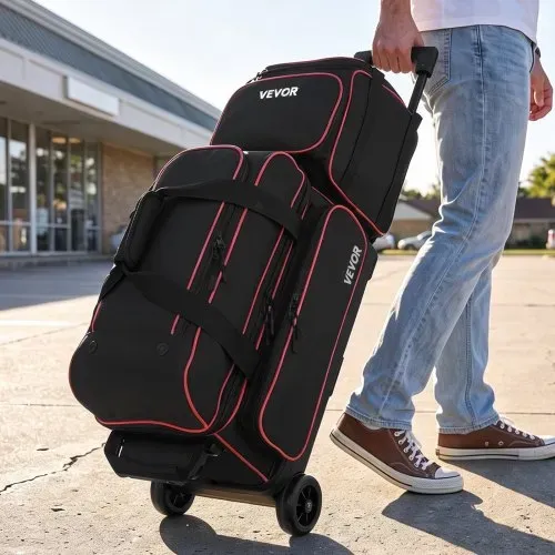 VEVOR 1 Bowlingtasche mit Rollen + 1 Bowlingtasche (Mini) für 2+1 Kugeln 600D Oxford Rot Schwarz, für Schuhe bis US-Größe 16 und Zubehör, mit Teleskopgriff (bis zu 1016 mm) und Doppellagigen Ablagen – Bild 7