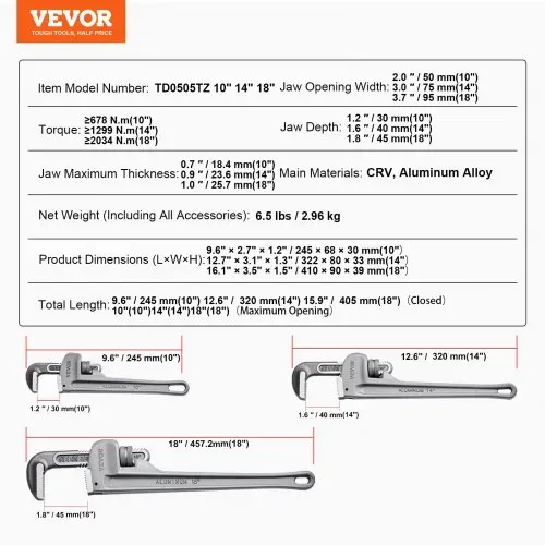 VEVOR 3-teiliges Rohrzangen-Set, 10" 14" 18" gerade Aluminium-Rohrzange, verstellbarer Sanitärschlüssel, mit hochfester Backe und ergonomischem Griff, aufhängbares Design, für Wasserleitungen – Bild 6