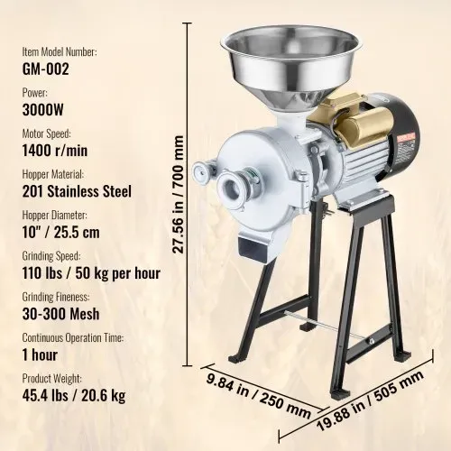 VEVOR Getreidemühle Gewürzmühle 3 kW, kommerzielle Maismühle mit Trichter, Pulvermaschine mit einstellbarer Stärke, Hochleistungs-Futtermehl-Müslimühle Weizenmühle Trocken- und Nassmühle 50 kg/h – Bild 6