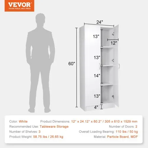 VEVOR Küchen-Vorratsschrank, 1529 mm Vorratsschrank für Lebensmittel, 50 kg, Freistehender Vorratsschrank mit 3 Regalen (2 Verstellbar), Vorratskammer aus Holzwerkstoff für Küche, Esszimmer – Bild 6