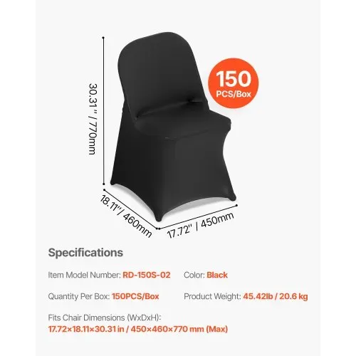 VEVOR Stuhlhussen Stuhlbezug Stretch 150 Stk. waschbarer & abnehmbarer Stuhlüberzug aus Polyester-Spandex für Hochzeitsfeiern Esszimmerbankette, passend für Klappstühle (45 x 46 x 77 cm) Schwarz – Bild 6