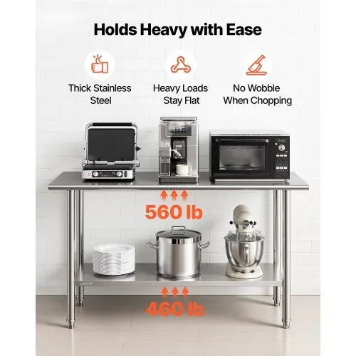 VEVOR Gasto Arbeitstisch 1524 x 610 x 864 mm Edelstahltisch mit 2 Ebenen, Küchentisch mit Höhenverstellbaren Ablagen, Tragkraft Obere Ablage (254 kg) Untere Ablage (208 kg) Vorbereitungstisch – Bild 3